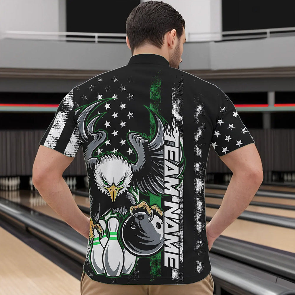 Custom Green Thin Line American Flag Eagle Bowling Men Quarter-Zip Shirts, Patriotic US Bowling IPHW8737