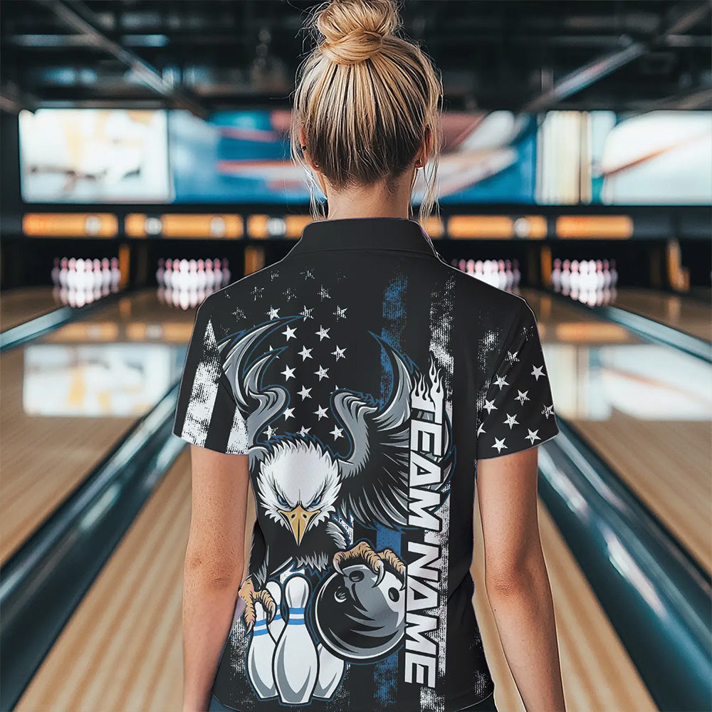 Custom Blue Line American Flag Eagle Bowling Women Quarter-Zip Shirt, Patriotic Bowling IPHW8738