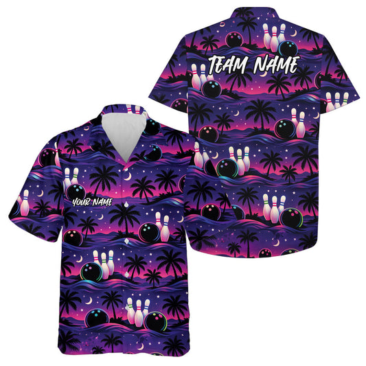 Custom Pink And Purple Tropical Palm Tree Hawaiian Bowling Shirts For Men And Women IPHW10832
