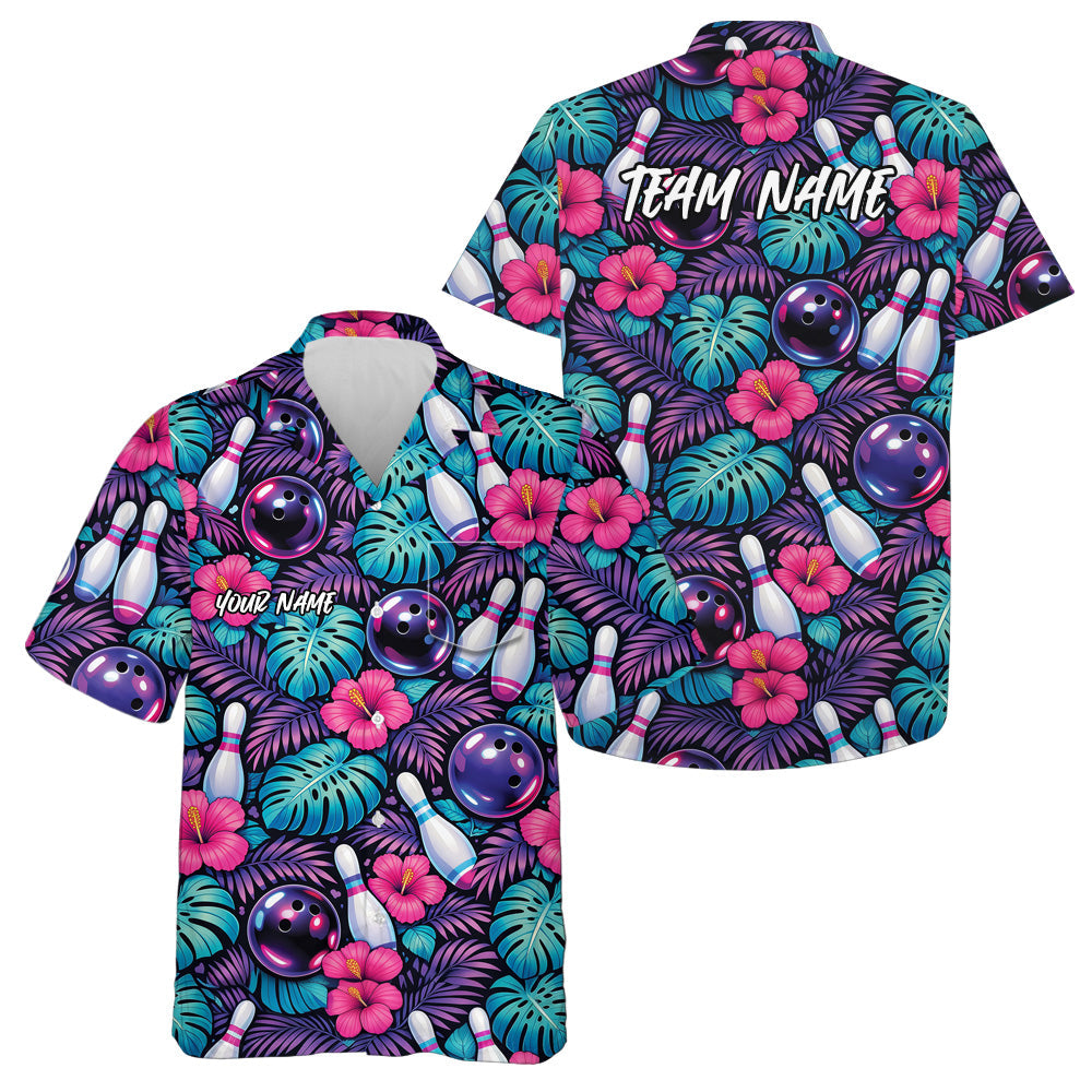 Custom Pink, Purple And Blue Tropical Leaves And Hibiscus Flower Bowling Hawaiian Shirt IPHW10844