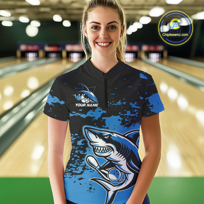 Custom Black And Blue Camo Shark Bowling Women Quarter-Zip Shirt, Tournament Shirt IPHW8996