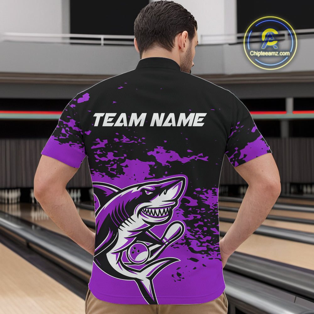 Custom Black And Purple Camo Shark Bowling Team Men Quarter-Zip Shirts, Bowling Tournament Shirt IPHW8997