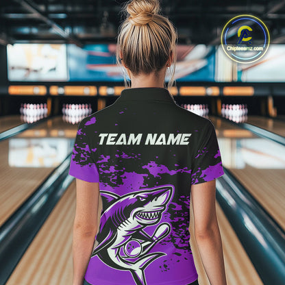 Custom Black And Purple Camo Shark Bowling Women Quarter-Zip Shirt, Tournament Shirt IPHW8997