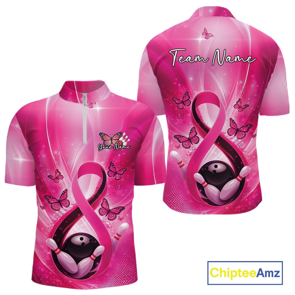 Front and back mens bowling quarter-zip featuring a pink awareness ribbon around a bowling ball with butterflies and bowling pins.