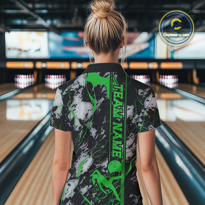 Custom Green And Gray Camo Strike Bowling Women Quarter-Zip Team Shirts, Bowling Jersey IPHW9243