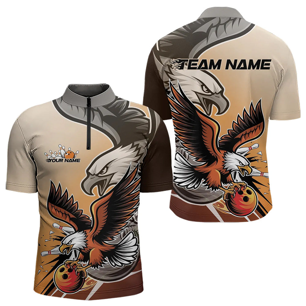 Custom Eagle Bowling Jerseys With Names, Orange Eagle Bowling League Men Quarter-Zip Shirts IPHW8762