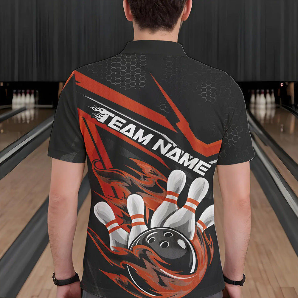 Custom Black And Orange Flame Bowling Team Polo Shirts For Men, Fire Bowling League Shirt IPHW8770