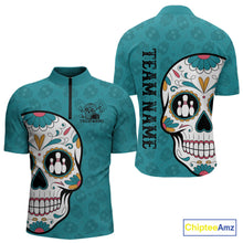 Load image into Gallery viewer, Custom Blue Sugar Skull Bowling Team Quarter-Zip Shirts For Men, Halloween Bowlers Outfit IPHW9255
