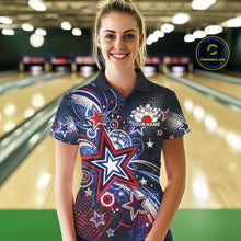 Load image into Gallery viewer, Front view of a female model in a bowling alley wearing a custom bowling polo shirt featuring red, white, and blue patriotic stars, halftone dots, and a grunge texture design.