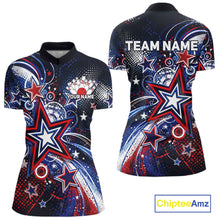 Load image into Gallery viewer, Front and back views of a custom women's quarter zip bowling shirt featuring red, white, and blue patriotic stars, halftone dots, and a grunge texture design.