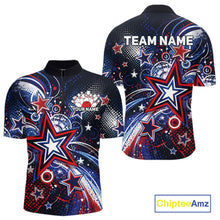 Load image into Gallery viewer, Front and back views of a custom quarter zip bowling shirt featuring red, white, and blue patriotic stars, halftone dots, and a grunge texture design.