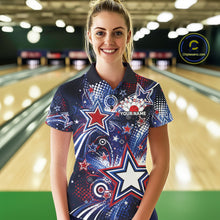 Load image into Gallery viewer, Front view of a female model in a bowling alley wearing a custom bowling polo shirt featuring red, white, and blue patriotic stars, halftone dots, and a grunge texture design.