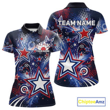 Load image into Gallery viewer, Front and back views of a custom women's bowling polo shirt featuring red, white, and blue patriotic stars, halftone dots, and a grunge texture design.