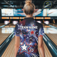 Load image into Gallery viewer, Back view of a female model in a bowling alley wearing a custom quarter zip bowling shirt featuring red, white, and blue patriotic stars, halftone dots, and a grunge texture design.