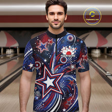 Load image into Gallery viewer, Front view of a male model in a bowling alley wearing a custom quarter zip bowling shirt featuring red, white, and blue patriotic stars, halftone dots, and a grunge texture design.