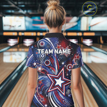 Load image into Gallery viewer, Back view of a female model in a bowling alley wearing a custom quarter zip bowling shirt featuring red, white, and blue patriotic stars, halftone dots, and a grunge texture design.