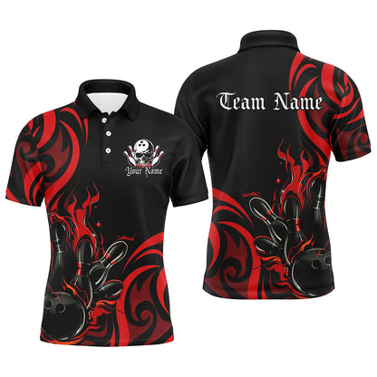 Custom Black And Red Flame Bowling Shirts For Men, Bowling League Shirts Team Jerseys IPHW7322