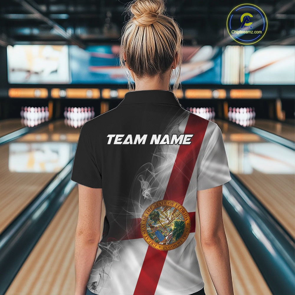 Custom Smoke Florida Flag Bowling Women Team Shirts, Patriotic Florida Bowling Jerseys IPHW10626