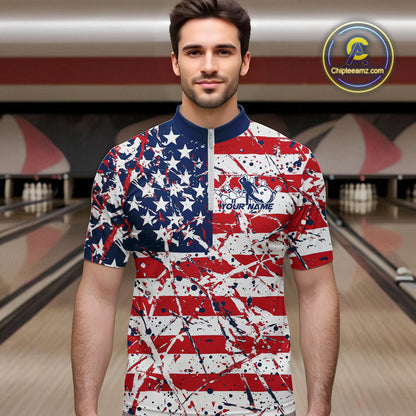 Custom Splatter Patriotic US Flag Bowling Quarter-Zip Shirts For Men, American Bowling Jersey IPHW9257