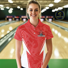 Load image into Gallery viewer, Front view of a female model in a bowling alley wearing a red custom bowling polo shirt with a funny aggressive crawfish holding a bowling ball in a sportswear-style design.