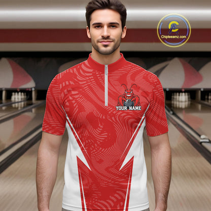 Front view of a male model in a bowling alley wearing a red custom quarter-zip bowling shirt with a funny aggressive crawfish holding a bowling ball in a sportswear-style design.