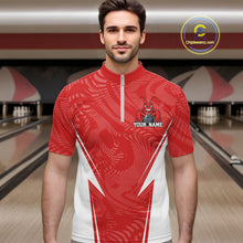 Load image into Gallery viewer, Front view of a male model in a bowling alley wearing a red custom quarter-zip bowling shirt with a funny aggressive crawfish holding a bowling ball in a sportswear-style design.