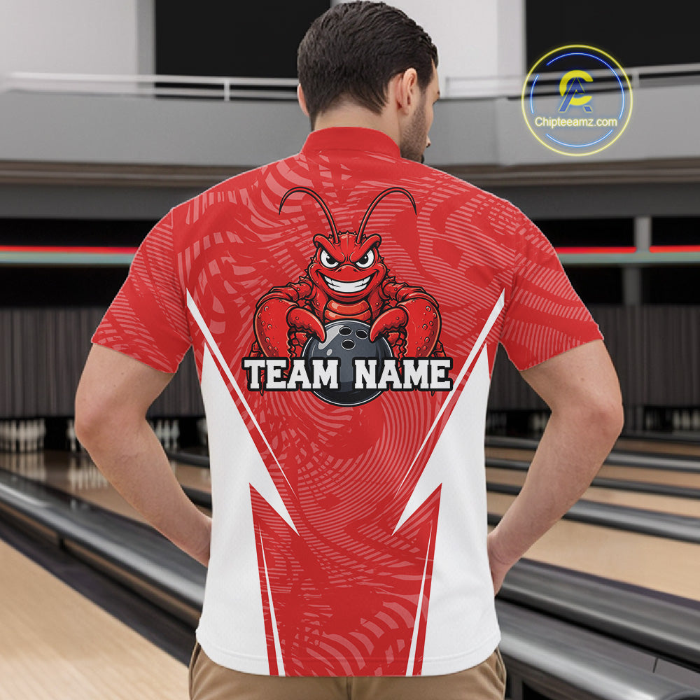 Back view of a male model in a bowling alley wearing a red custom quarter-zip bowling shirt with a funny aggressive crawfish holding a bowling ball in a sportswear-style design.
