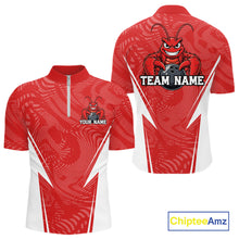 Load image into Gallery viewer, Front and back views of a red custom quarter-zip bowling shirt featuring a funny aggressive crawfish holding a bowling ball in a sportswear-style design.