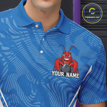 Load image into Gallery viewer, Close-up front view of the left chest area on a blue custom bowling polo shirt featuring a funny aggressive crawfish holding a bowling ball in a sportswear-style design.