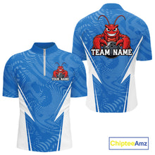 Load image into Gallery viewer, Front and back views of a blue custom quarter-zip bowling shirt featuring a funny aggressive crawfish holding a bowling ball in a sportswear-style design.