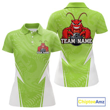 Load image into Gallery viewer, Front and back views of a light green custom women's bowling polo shirt featuring a funny aggressive crawfish holding a bowling ball in a sportswear-style design.