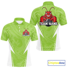 Load image into Gallery viewer, Front and back views of a light green custom men's bowling polo shirt featuring a funny aggressive crawfish holding a bowling ball in a sporty design style.