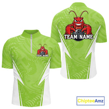 Load image into Gallery viewer, Front and back views of a light green custom quarter-zip bowling shirt featuring a funny aggressive crawfish holding a bowling ball in a sportswear-style design.