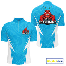 Load image into Gallery viewer, Front and back views of a blue custom quarter-zip bowling shirt featuring a funny aggressive crawfish holding a bowling ball in a sportswear-style design.