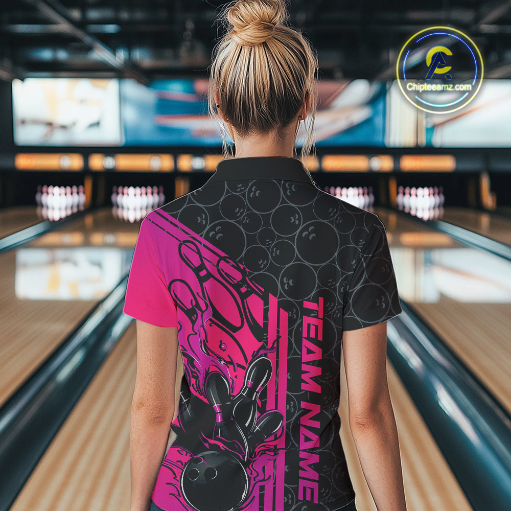 Custom Black And Pink Purple Flame Bowling Women Quarter-Zip Shirt, Bowling Pattern Shirt IPHW9272