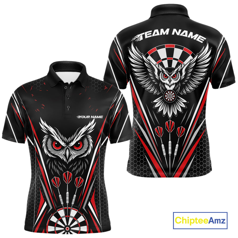Custom Black And Red Owl Darts Polo Shirts For Men, Darts Team Jerseys IPHW11722