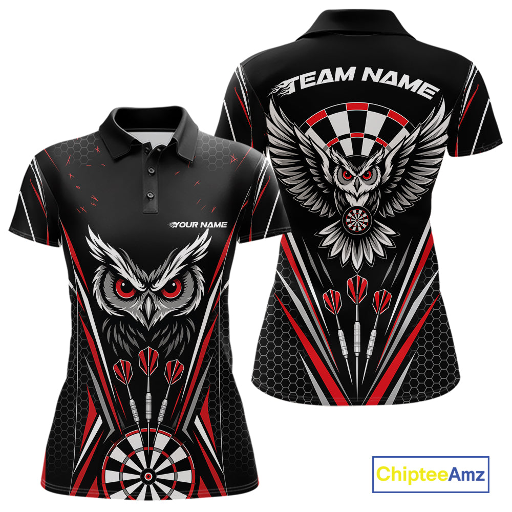 Custom Black And Red Owl Darts Polo Shirts For Women, Darts Team Jerseys IPHW11722