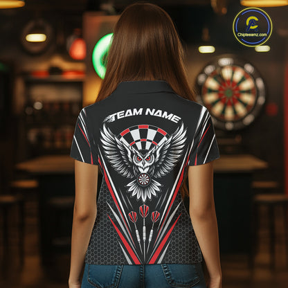 Custom Black And Red Owl Darts Polo Shirts For Women, Darts Team Jerseys IPHW11722