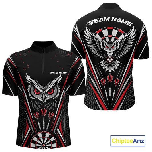Custom Black And Red Owl Darts Quarter Zip Shirts For Men, Darts Team Jerseys IPHW11722
