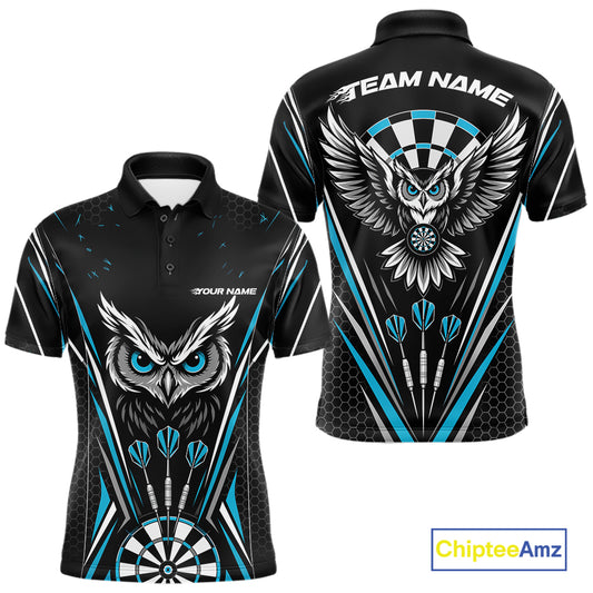 Custom Black And Blue Owl Darts Polo Shirts For Men, Darts Team Jerseys IPHW11723