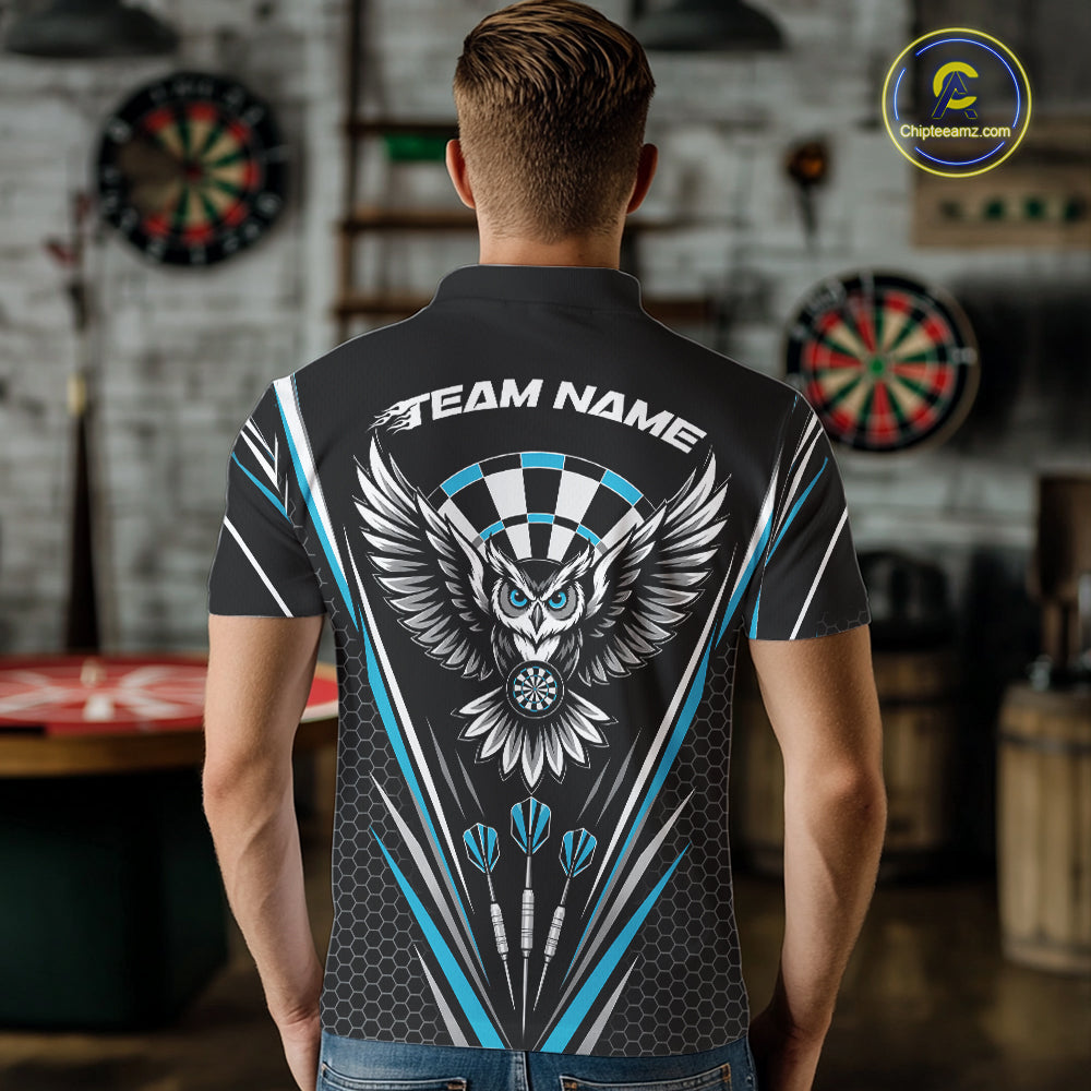 Custom Black And Blue Owl Darts Polo Shirts For Men, Darts Team Jerseys IPHW11723