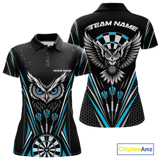 Custom Black And Blue Owl Darts Polo Shirts For Women, Darts Team Jerseys IPHW11723