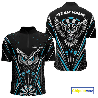 Custom Black And Blue Owl Darts Quarter Zip Shirts For Men, Darts Team Jerseys IPHW11723