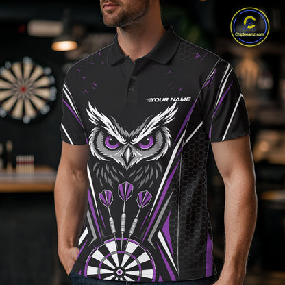 Custom Black And Purple Owl Darts Polo Shirts For Men, Darts Team Jerseys IPHW11724