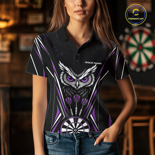 Custom Black And Purple Owl Darts Polo Shirts For Women, Darts Team Jerseys IPHW11724