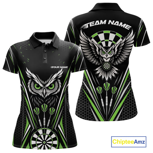 Custom Black And Green Owl Darts Polo Shirts For Women, Darts Team Jerseys IPHW11725