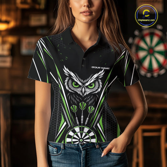 Custom Black And Green Owl Darts Polo Shirts For Women, Darts Team Jerseys IPHW11725