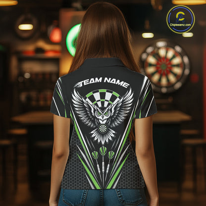 Custom Black And Green Owl Darts Polo Shirts For Women, Darts Team Jerseys IPHW11725