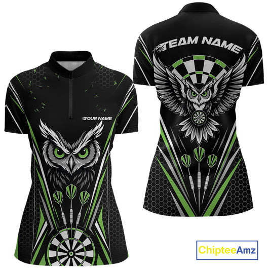 Custom Black And Green Owl Darts Quarter-Zip Shirts For Women, Darts Team Jerseys IPHW11725