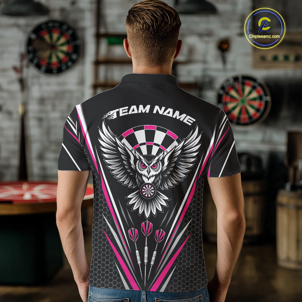Custom Black And Pink Owl Darts Polo Shirts For Men, Darts Team Jerseys IPHW11726